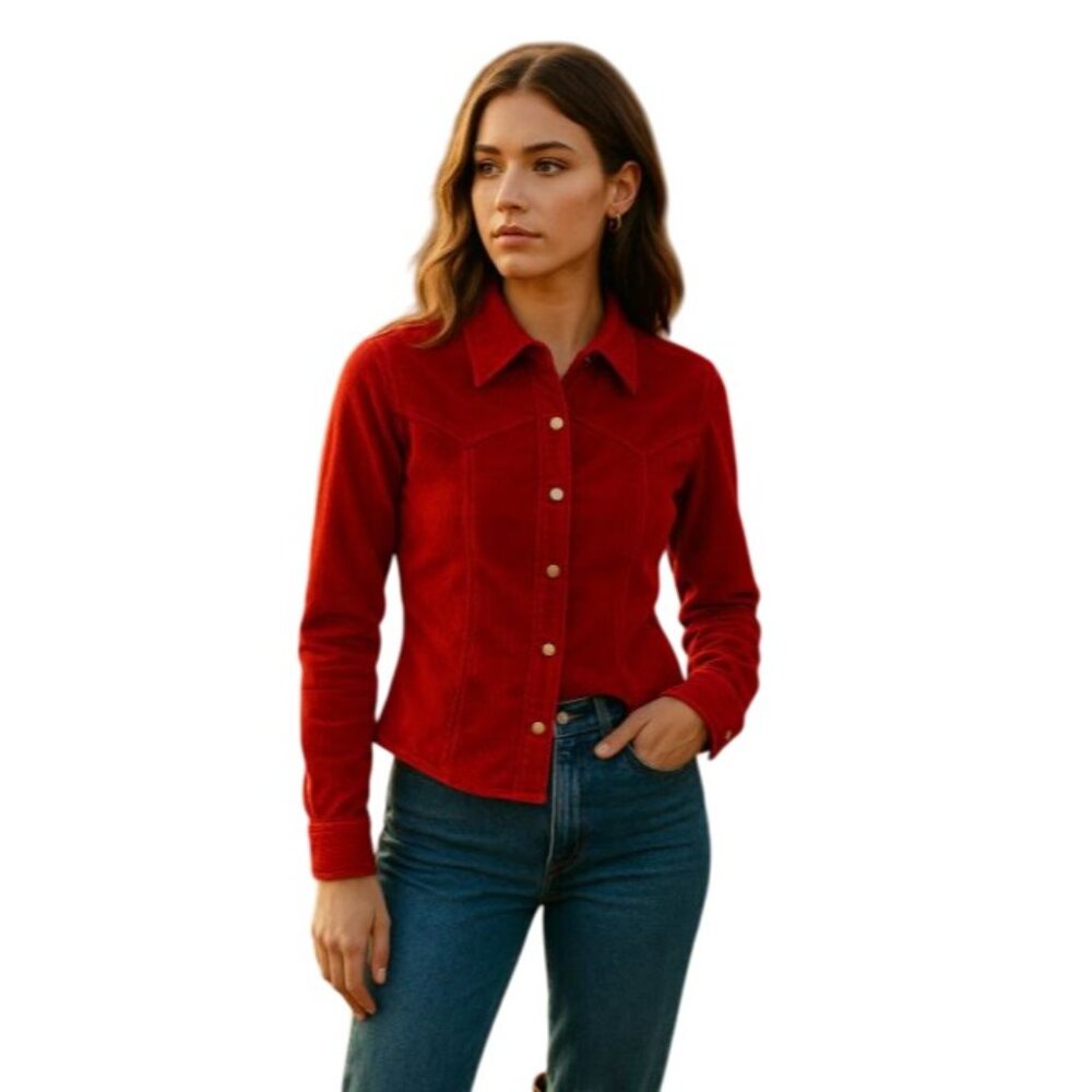 Vintage Live a Little S Red Corduroy Jacket Western Yolk Snap Button Long Sleeve - Picture 9 of 9